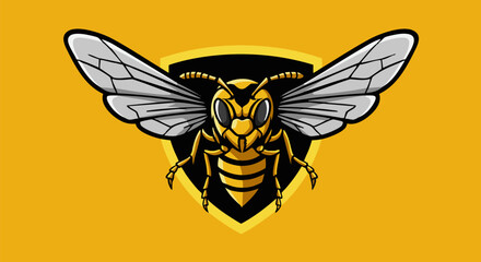 Fierce wasp mascot with spread wings against a shield emblem on yellow background