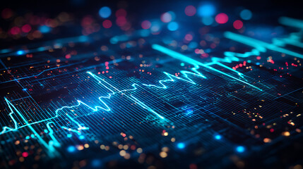 Digital waveform display with glowing lines and data points on a futuristic interface