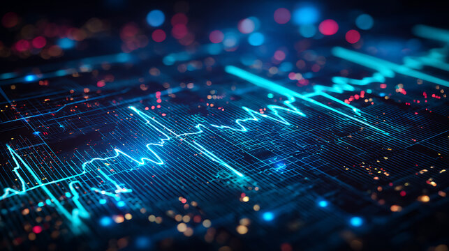 Digital waveform display with glowing lines and data points on a futuristic interface