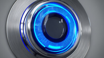 Close-up of a circular metallic interface with glowing blue LED ring