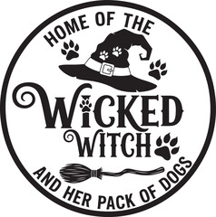 Obraz premium Wicked witch and her pack of dogs circular design featuring a witch hat broom and paw prints perfect for halloween decorations and apparel isolated on transparent background