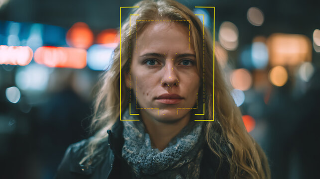 Woman with facial recognition overlay in urban night setting