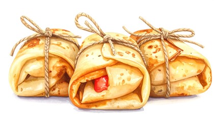 Watercolor illustration of three crepes tied with twine, showing a filled interior. The golden-brown pancakes are gently folded