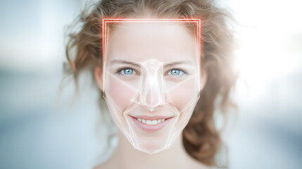 Facial recognition technology overlay on a woman's face with digital mapping and scanning interface