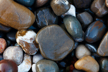 Pebbles round wet smooth colorful stones on sea beach illuminated by morning sun as texture spa background for page design template