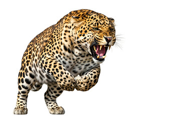 Obraz premium A powerful leopard, with spots of tan and black, displays its ferociousness against a black background, showcasing sharp teeth and a striking posture.