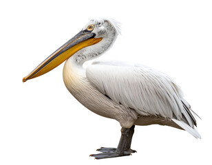Obraz premium A majestic white pelican stands gracefully with its long beak and striking plumage against a dark background.