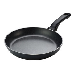 A speckled gray frying pan with a black, ergonomic handle, isolated on a transparent background. background removed