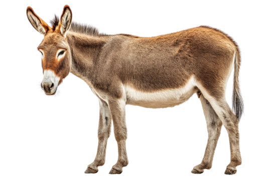A detailed illustration of a donkey, standing profile, showcases its textured coat and features. background removed