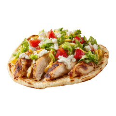 Grilled chicken pita bread with lettuce, tomato, feta cheese, and creamy dressing. background removed