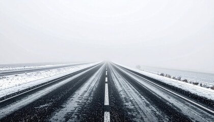 Snowy, empty road stretches into a hazy distance