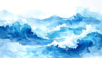 Watercolor rendering of ocean waves, a dynamic display of marine movement, and splashes. Blue shades dominate, highlighting the power of the sea