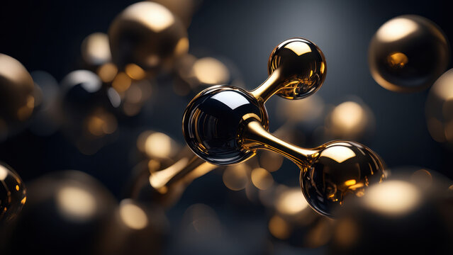 Glossy black and gold molecules on dark background, scientific 3D molecular structure visualization, biotechnology concept, chemical research, futuristic nano science illustration