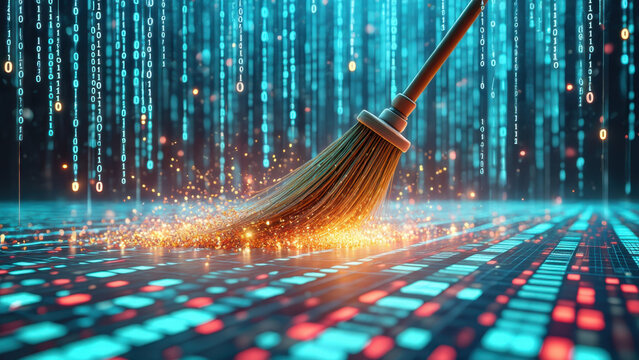 Digital cleanup concept with broom sweeping glowing data particles, cybersecurity illustration of system optimization, big data cleaning, storage management and privacy protection
