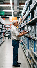 Elderly man examining home appliance options in a well-organized store aisle, focused on products displayed on shelves, concept of home improvement or retail shopping