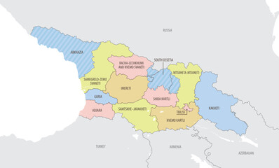 Detailed map of Georgia with administrative divisions and borders of neighboring countries, vector illustration on white background
