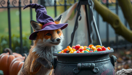 Fox in a purple witch hat enjoying colorful candies during a festive autumn celebration in a vibrant park setting Generative AI