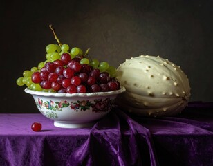 Still life with grapes and a decorative gourd on a purple cloth