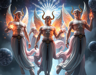 Angels with glowing wings and fire in hands appear in a cosmic setting, surrounded by planets and radiant light Generative AI