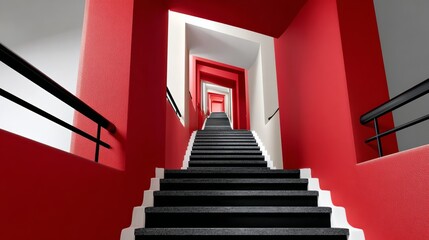 Long red staircase with white steps. The staircase is very narrow and has a very dark color