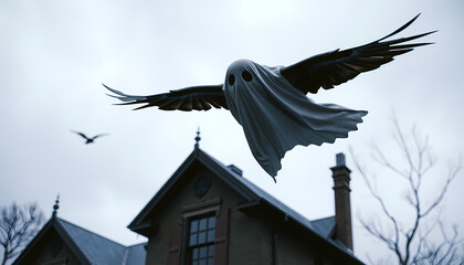 Ghostly figure with wings flying over a historic house on a cloudy evening, creating an eerie atmosphere Generative AI