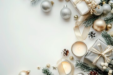 Cozy and Stylish New Year Flat Lay with Gifts, Pine, Ornaments, and Negative Space for Branding