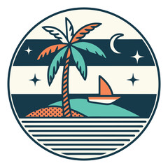 Obraz premium Retro Tropical Paradise Badge with Palm Tree Boat and Stripes Coastal Nostalgia Graphic