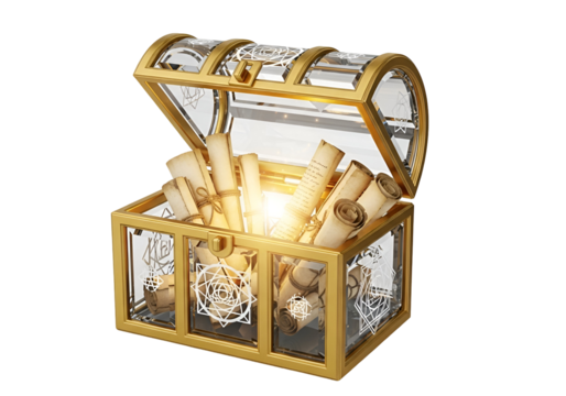 A golden treasure chest, open, reveals ancient scrolls illuminated by an inner light.
