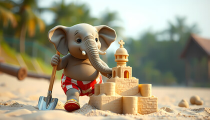 Cute elephant building a sandcastle on a sunny beach with a shovel and colorful bucket Generative AI