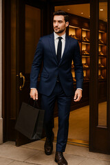 handsome man exiting a luxurious shoe store AI generated