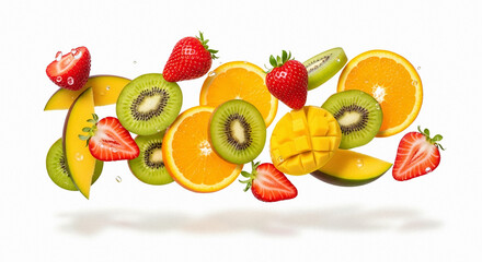 Naklejka premium Colorful mix of fresh tropical fruits floating on white background