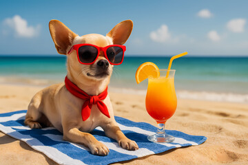 Chihuahua enjoys a sunny day at the beach with a colorful drink beside it Generative AI