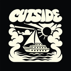 Vintage Inspired Nautical Adventure Illustration with Retro Typography and Stylized Ship, Sun, and Ocean Waves for Outdoors