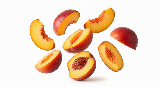 Slices of ripe peach with bright orange color floating on a white background