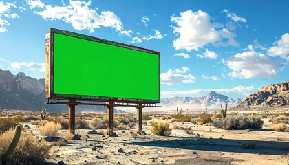 Weathered billboard stands amid desert landscape. Vivid green screen contrasts with arid terrain under a bright blue, cloudy sky