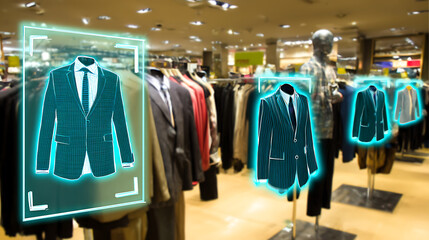 Augmented reality overlays display suits in a clothing store, highlighting digital fashion visualization technology.