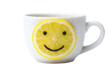 A cheerful lemon slice forms a smiley face on a dewy mug, creating a refreshing and positive image. background removed