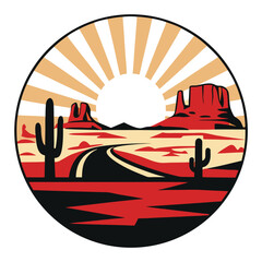 Retro Southwestern Landscape Design Iconic Desert Scene with Buttes Cacti and Sun Rays Vintage Inspired Circular Emblem © Bokul
