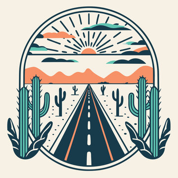 Desert Road Trip Illustration Artistic Oasis Landscape Cacti Mountains and Sunrise on a Southwestern Adventure