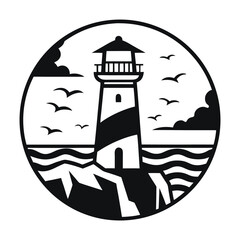 Monochrome Lighthouse Scene with Birds and Waves in Circular Frame Artistic Coastal Design Black and White Nautical