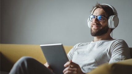 Close-up of creative young man wearing futuristic headphones sitting on bright sofa with tablet on white screen.