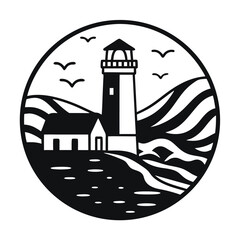 Monochrome Lighthouse and Coastline in Circular Frame Serene Coastal Art Featuring Birds, Waves, and Architectural Elements for Minimalist Decor