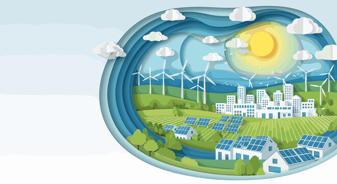 Energy Saving Day Paper Art with Wind Turbines and Solar Panels Concept for Environment Blogs, Green Energy Websites, Eco Awareness Campaigns, and Sustainability Posters