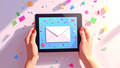 Close-up view of hands holding a tablet displaying an email icon, surrounded by confetti, on a bright white surface