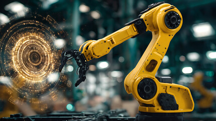 Industrial robotic arm in a factory setting with digital interface overlay