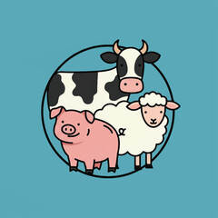 Cartoon farm animals a pig sheep and cow inside a circle