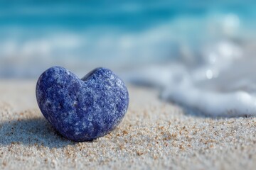 Obraz premium A heart-shaped blue stone contrasting beautifully against soft white sand and gentle ocean waves creating a serene beach setting that evokes peace, love, and natural beauty