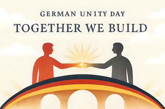 German unity day celebration with two figures shaking hands over german flag colors - Powered by Adobe