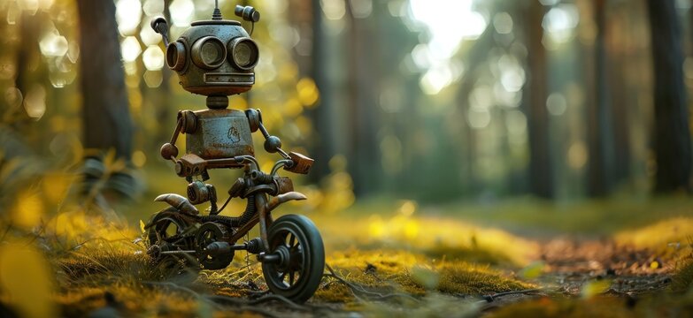 an old robot on a bicycle in the forest - Powered by Adobe