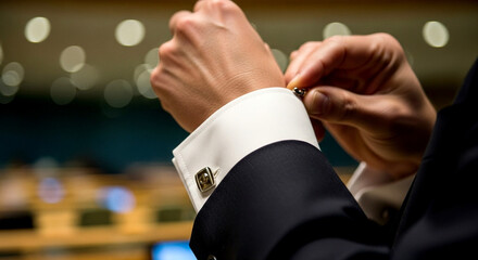 Close-up of a politician adjusting a cufflink on a shirt in the highlands